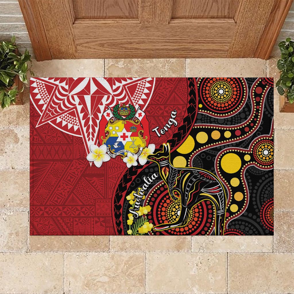 Tonga Ngatu And Australia Aboriginal Rubber Doormat Tongan Dove And Kangaroo Together LT05 Red - Polynesian Pride