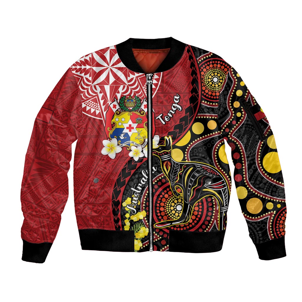 Tonga Ngatu And Australia Aboriginal Sleeve Zip Bomber Jacket Tongan Dove And Kangaroo Together LT05 Unisex Red - Polynesian Pride