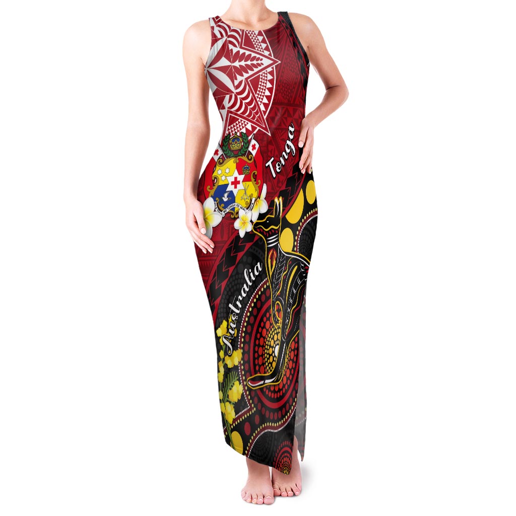 Tonga Ngatu And Australia Aboriginal Tank Maxi Dress Tongan Dove And Kangaroo Together LT05 Women Red - Polynesian Pride