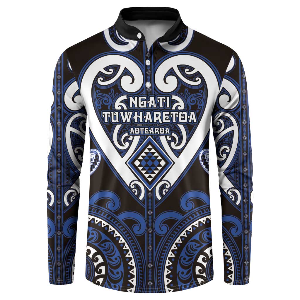 Custom Aotearoa Ngati Tuwharetoa Button Sweatshirt Maori Tribal Pattern LT05 Navy - Polynesian Pride