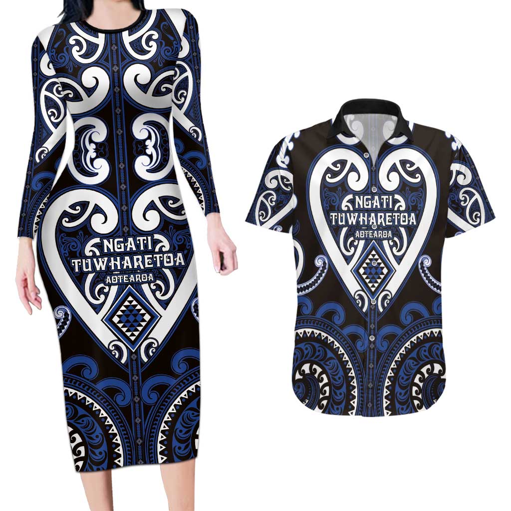 Custom Aotearoa Ngati Tuwharetoa Couples Matching Long Sleeve Bodycon Dress and Hawaiian Shirt Maori Tribal Pattern LT05 Navy - Polynesian Pride