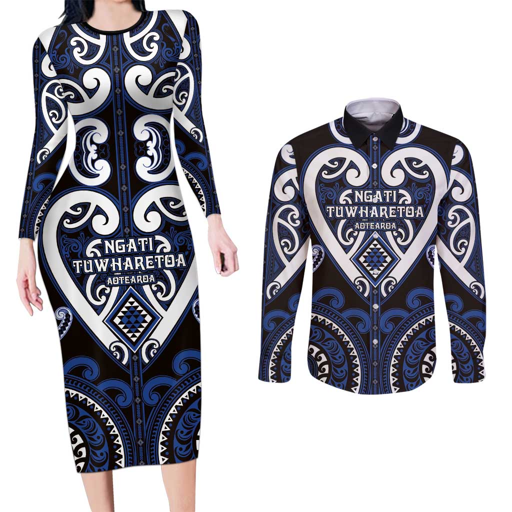 Custom Aotearoa Ngati Tuwharetoa Couples Matching Long Sleeve Bodycon Dress and Long Sleeve Button Shirt Maori Tribal Pattern LT05 Navy - Polynesian Pride