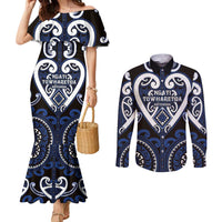 Custom Aotearoa Ngati Tuwharetoa Couples Matching Mermaid Dress and Long Sleeve Button Shirt Maori Tribal Pattern LT05 Navy - Polynesian Pride