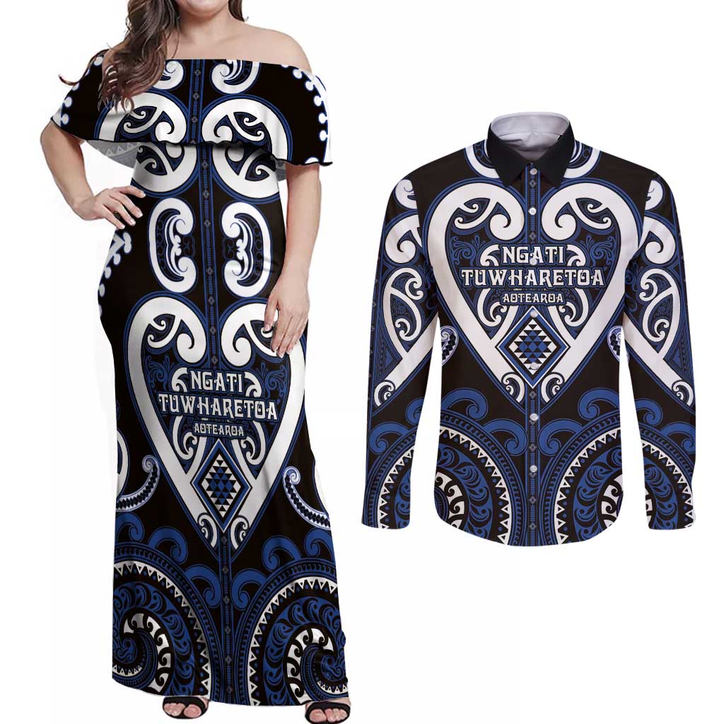 Custom Aotearoa Ngati Tuwharetoa Couples Matching Off Shoulder Maxi Dress and Long Sleeve Button Shirt Maori Tribal Pattern LT05 Navy - Polynesian Pride