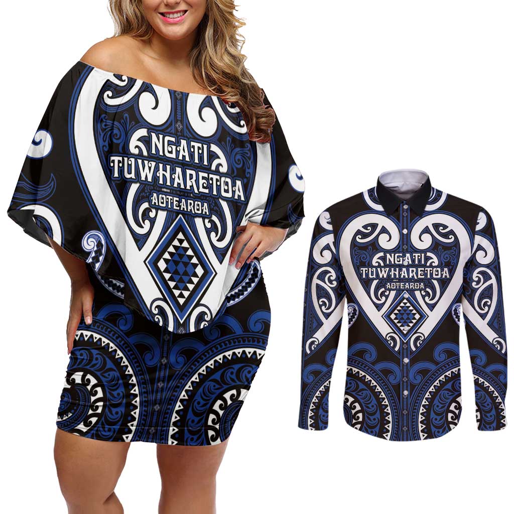 Custom Aotearoa Ngati Tuwharetoa Couples Matching Off Shoulder Short Dress and Long Sleeve Button Shirt Maori Tribal Pattern LT05 Navy - Polynesian Pride