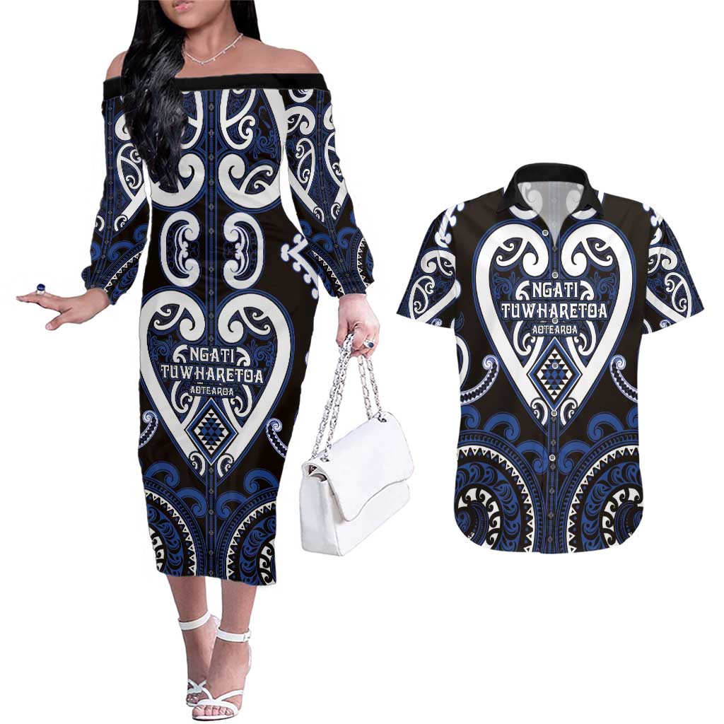 Custom Aotearoa Ngati Tuwharetoa Couples Matching Off The Shoulder Long Sleeve Dress and Hawaiian Shirt Maori Tribal Pattern LT05 Navy - Polynesian Pride