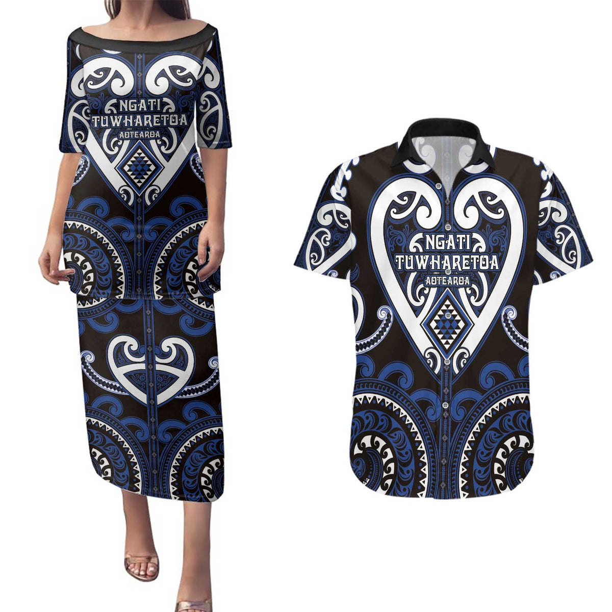 Custom Aotearoa Ngati Tuwharetoa Couples Matching Puletasi and Hawaiian Shirt Maori Tribal Pattern LT05 Navy - Polynesian Pride