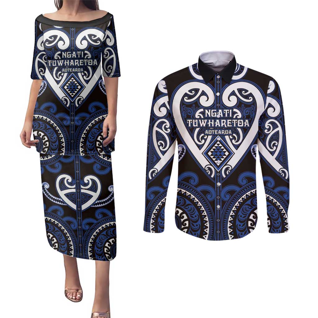Custom Aotearoa Ngati Tuwharetoa Couples Matching Puletasi and Long Sleeve Button Shirt Maori Tribal Pattern LT05 Navy - Polynesian Pride