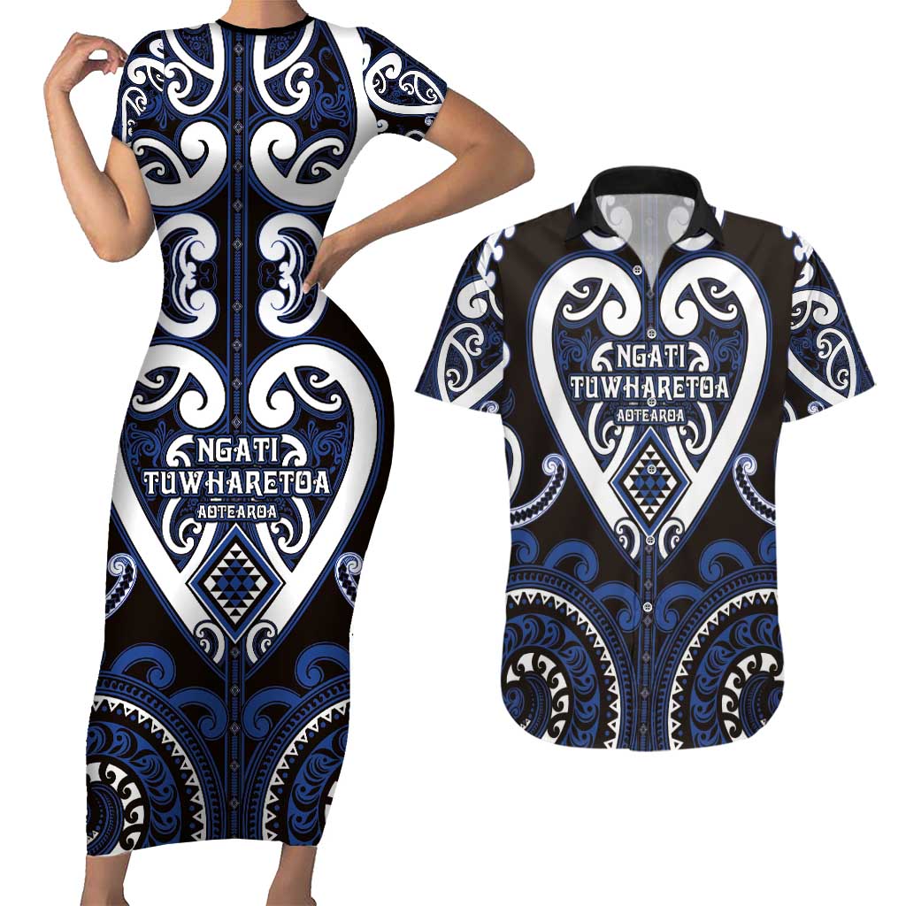 Custom Aotearoa Ngati Tuwharetoa Couples Matching Short Sleeve Bodycon Dress and Hawaiian Shirt Maori Tribal Pattern LT05 Navy - Polynesian Pride