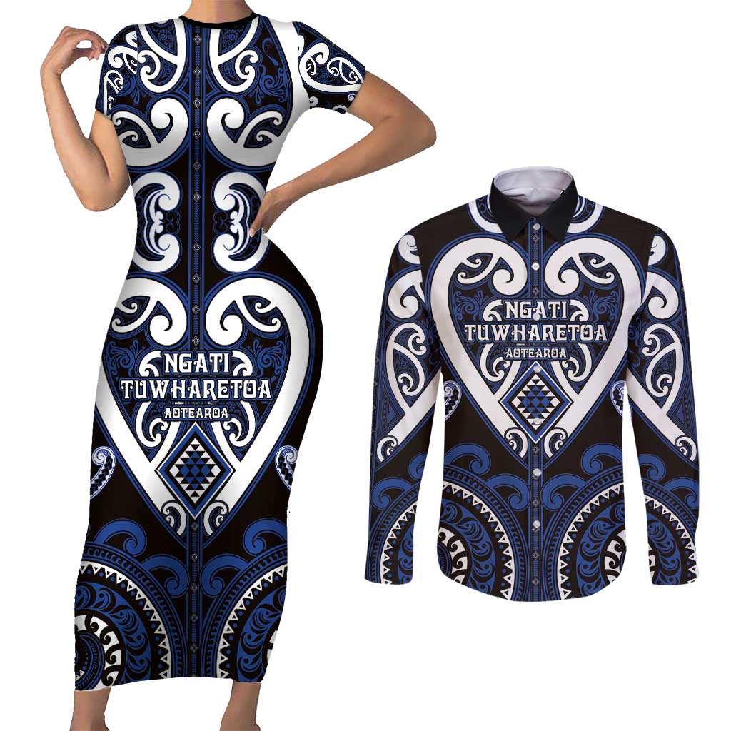 Custom Aotearoa Ngati Tuwharetoa Couples Matching Short Sleeve Bodycon Dress and Long Sleeve Button Shirt Maori Tribal Pattern LT05 Navy - Polynesian Pride