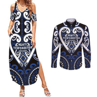 Custom Aotearoa Ngati Tuwharetoa Couples Matching Summer Maxi Dress and Long Sleeve Button Shirt Maori Tribal Pattern LT05 Navy - Polynesian Pride