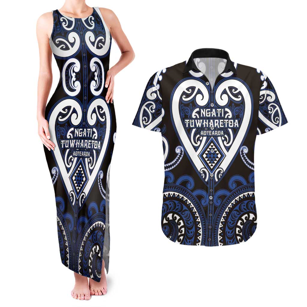 Custom Aotearoa Ngati Tuwharetoa Couples Matching Tank Maxi Dress and Hawaiian Shirt Maori Tribal Pattern LT05 Navy - Polynesian Pride