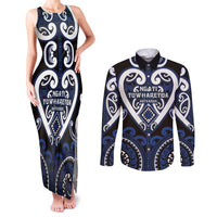 Custom Aotearoa Ngati Tuwharetoa Couples Matching Tank Maxi Dress and Long Sleeve Button Shirt Maori Tribal Pattern LT05 Navy - Polynesian Pride