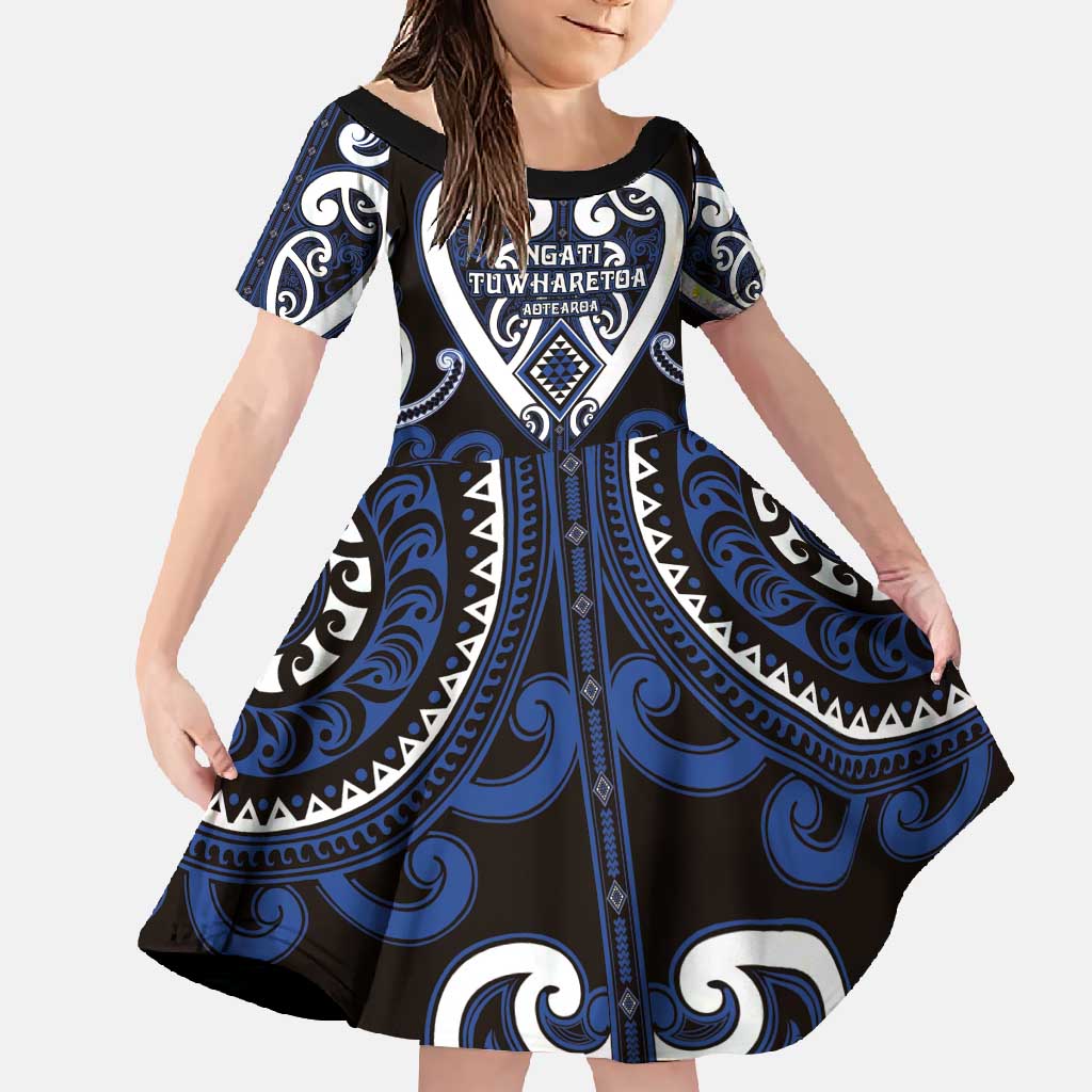Custom Aotearoa Ngati Tuwharetoa Family Matching Long Sleeve Bodycon Dress and Hawaiian Shirt Maori Tribal Pattern LT05 Daughter's Dress Navy - Polynesian Pride