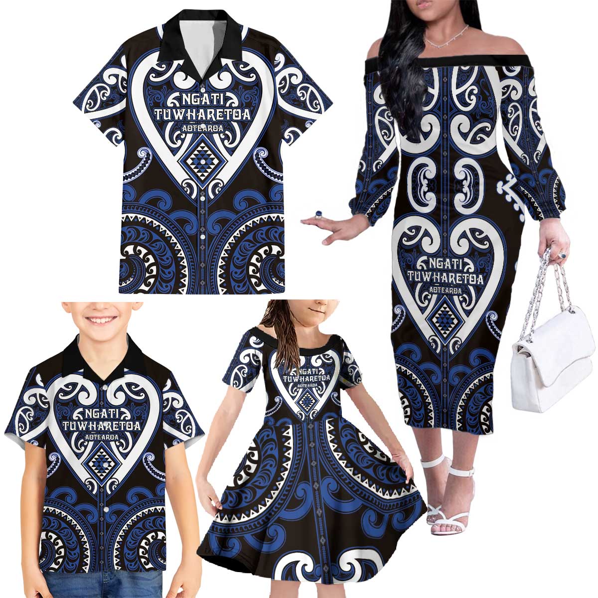 Custom Aotearoa Ngati Tuwharetoa Family Matching Off The Shoulder Long Sleeve Dress and Hawaiian Shirt Maori Tribal Pattern LT05 - Polynesian Pride
