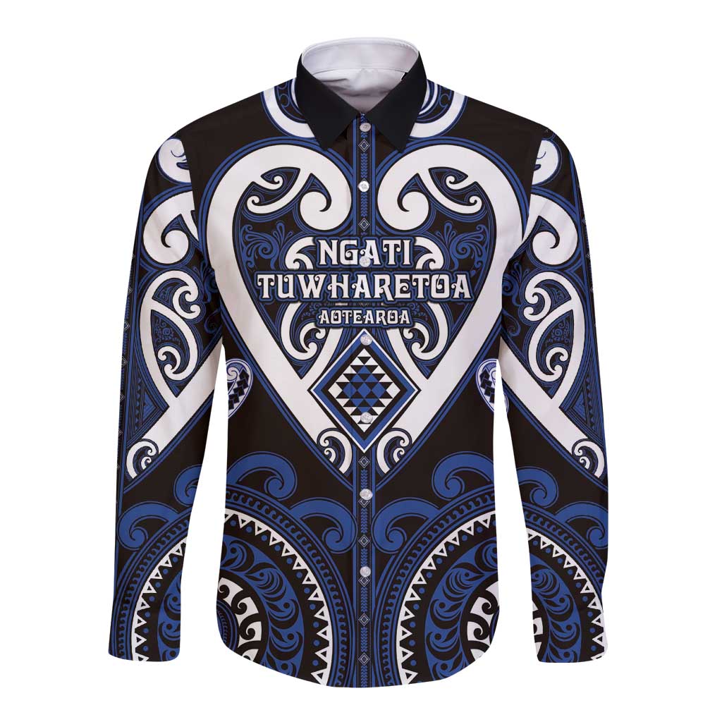 Custom Aotearoa Ngati Tuwharetoa Long Sleeve Button Shirt Maori Tribal Pattern LT05 Unisex Navy - Polynesian Pride