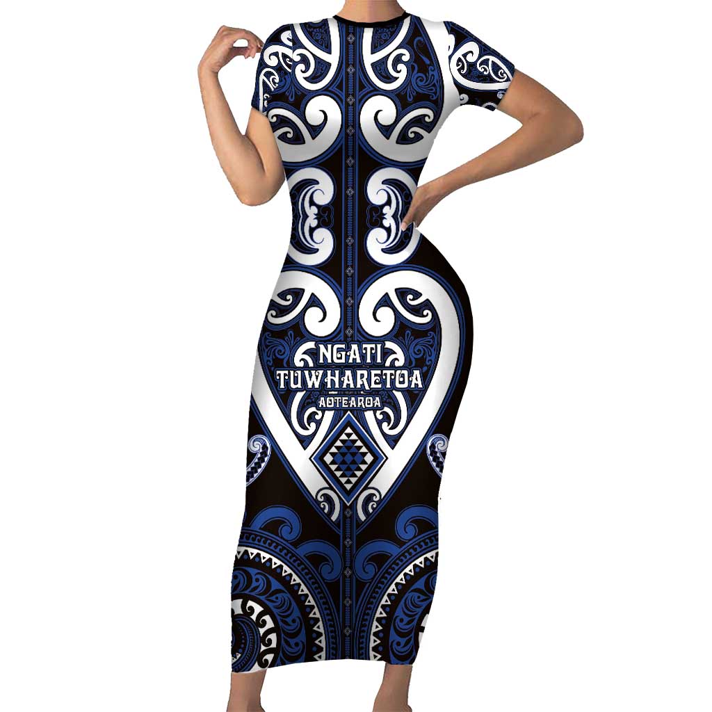 Custom Aotearoa Ngati Tuwharetoa Short Sleeve Bodycon Dress Maori Tribal Pattern
