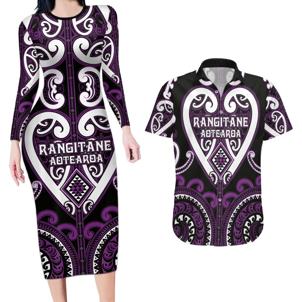 Custom Aotearoa Rangitane Couples Matching Long Sleeve Bodycon Dress and Hawaiian Shirt Maori Tribal Pattern LT05 Purple - Polynesian Pride
