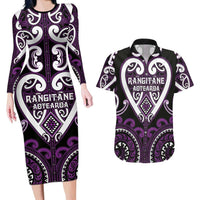 Custom Aotearoa Rangitane Couples Matching Long Sleeve Bodycon Dress and Hawaiian Shirt Maori Tribal Pattern LT05 Purple - Polynesian Pride