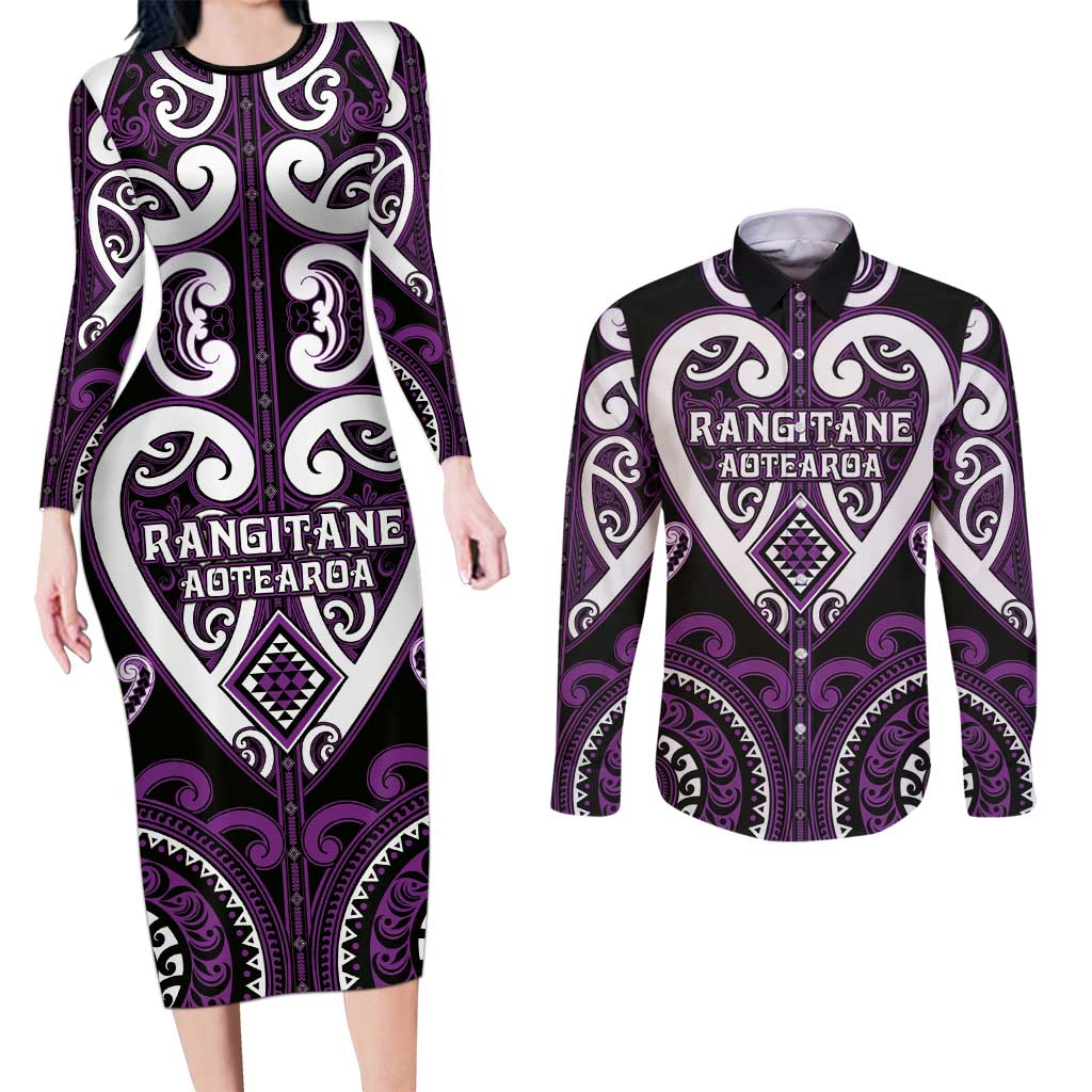 Custom Aotearoa Rangitane Couples Matching Long Sleeve Bodycon Dress and Long Sleeve Button Shirt Maori Tribal Pattern LT05 Purple - Polynesian Pride