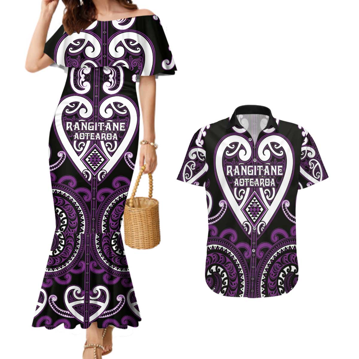 Custom Aotearoa Rangitane Couples Matching Mermaid Dress and Hawaiian Shirt Maori Tribal Pattern LT05 Purple - Polynesian Pride