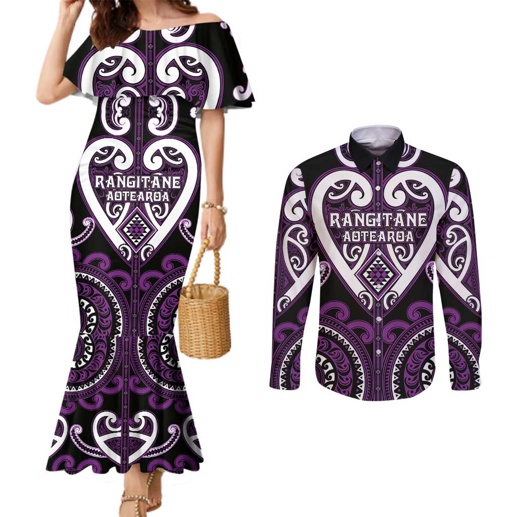 Custom Aotearoa Rangitane Couples Matching Mermaid Dress and Long Sleeve Button Shirt Maori Tribal Pattern LT05 Purple - Polynesian Pride
