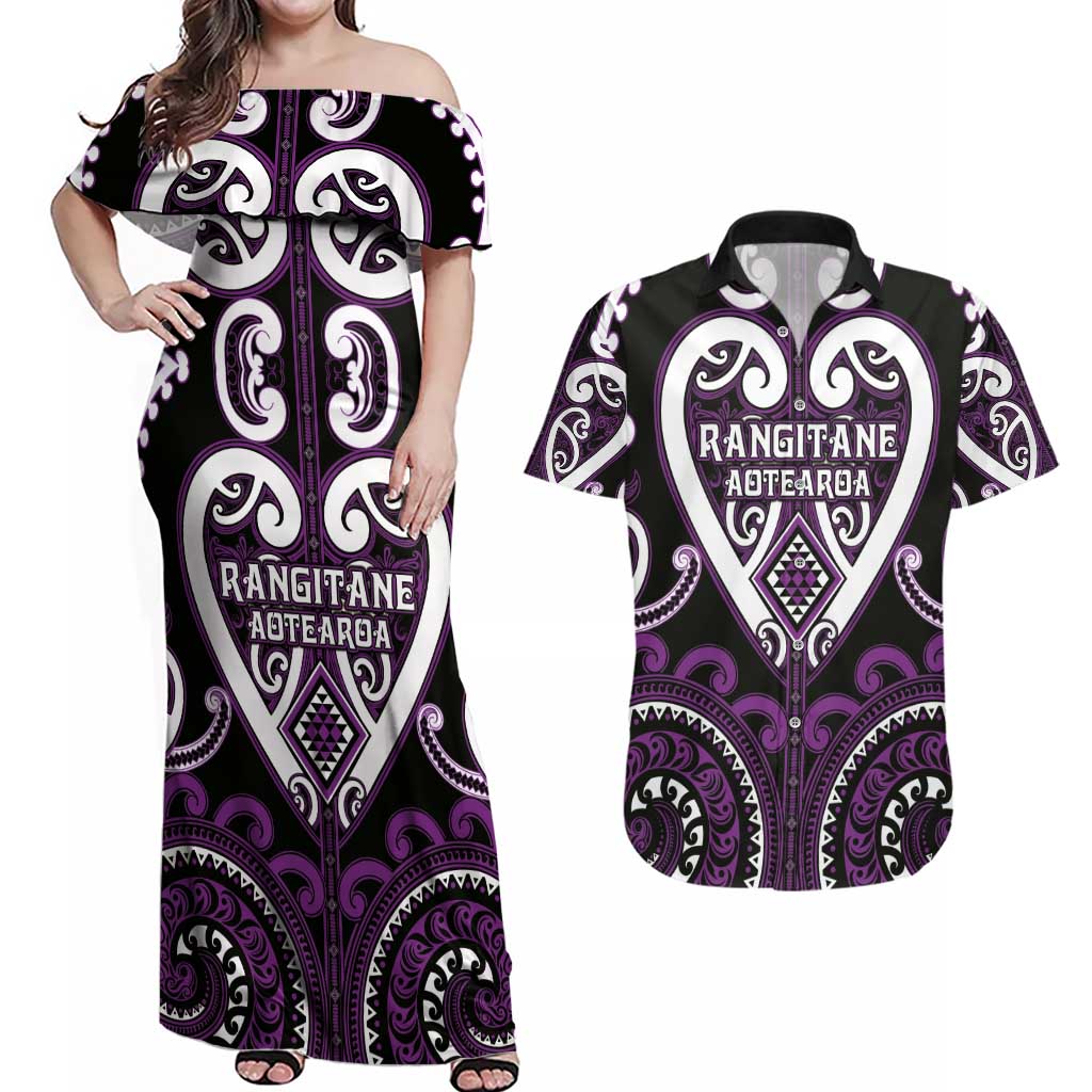Custom Aotearoa Rangitane Couples Matching Off Shoulder Maxi Dress and Hawaiian Shirt Maori Tribal Pattern LT05 Purple - Polynesian Pride