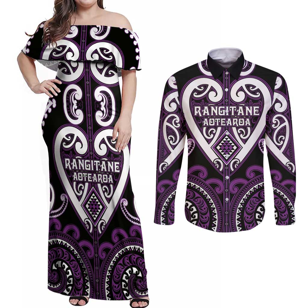 Custom Aotearoa Rangitane Couples Matching Off Shoulder Maxi Dress and Long Sleeve Button Shirt Maori Tribal Pattern LT05 Purple - Polynesian Pride