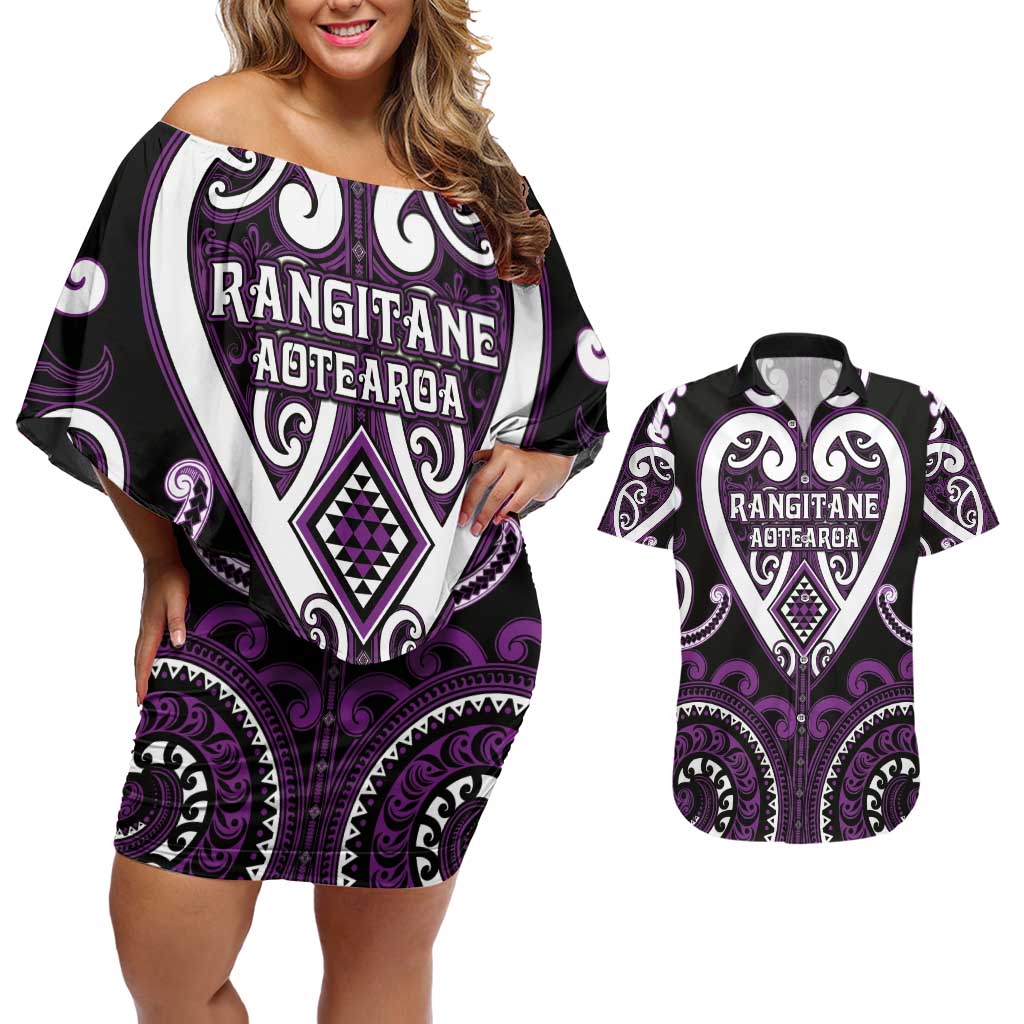 Custom Aotearoa Rangitane Couples Matching Off Shoulder Short Dress and Hawaiian Shirt Maori Tribal Pattern LT05 Purple - Polynesian Pride
