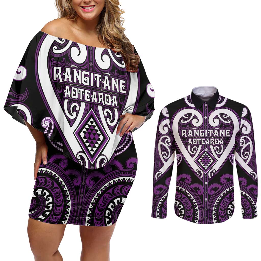 Custom Aotearoa Rangitane Couples Matching Off Shoulder Short Dress and Long Sleeve Button Shirt Maori Tribal Pattern LT05 Purple - Polynesian Pride