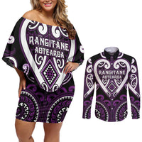 Custom Aotearoa Rangitane Couples Matching Off Shoulder Short Dress and Long Sleeve Button Shirt Maori Tribal Pattern LT05 Purple - Polynesian Pride