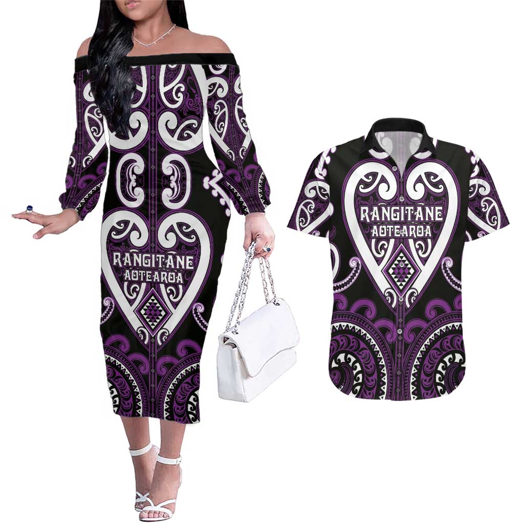Custom Aotearoa Rangitane Couples Matching Off The Shoulder Long Sleeve Dress and Hawaiian Shirt Maori Tribal Pattern LT05 Purple - Polynesian Pride