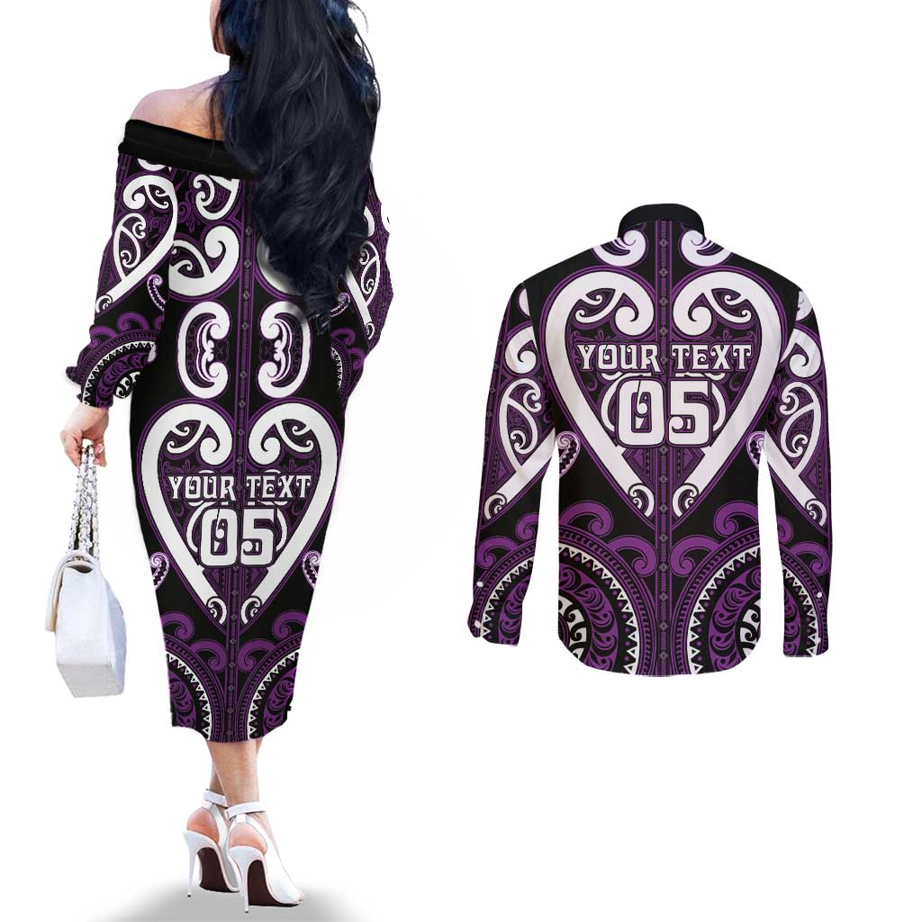 Custom Aotearoa Rangitane Couples Matching Off The Shoulder Long Sleeve Dress and Long Sleeve Button Shirt Maori Tribal Pattern LT05 - Polynesian Pride