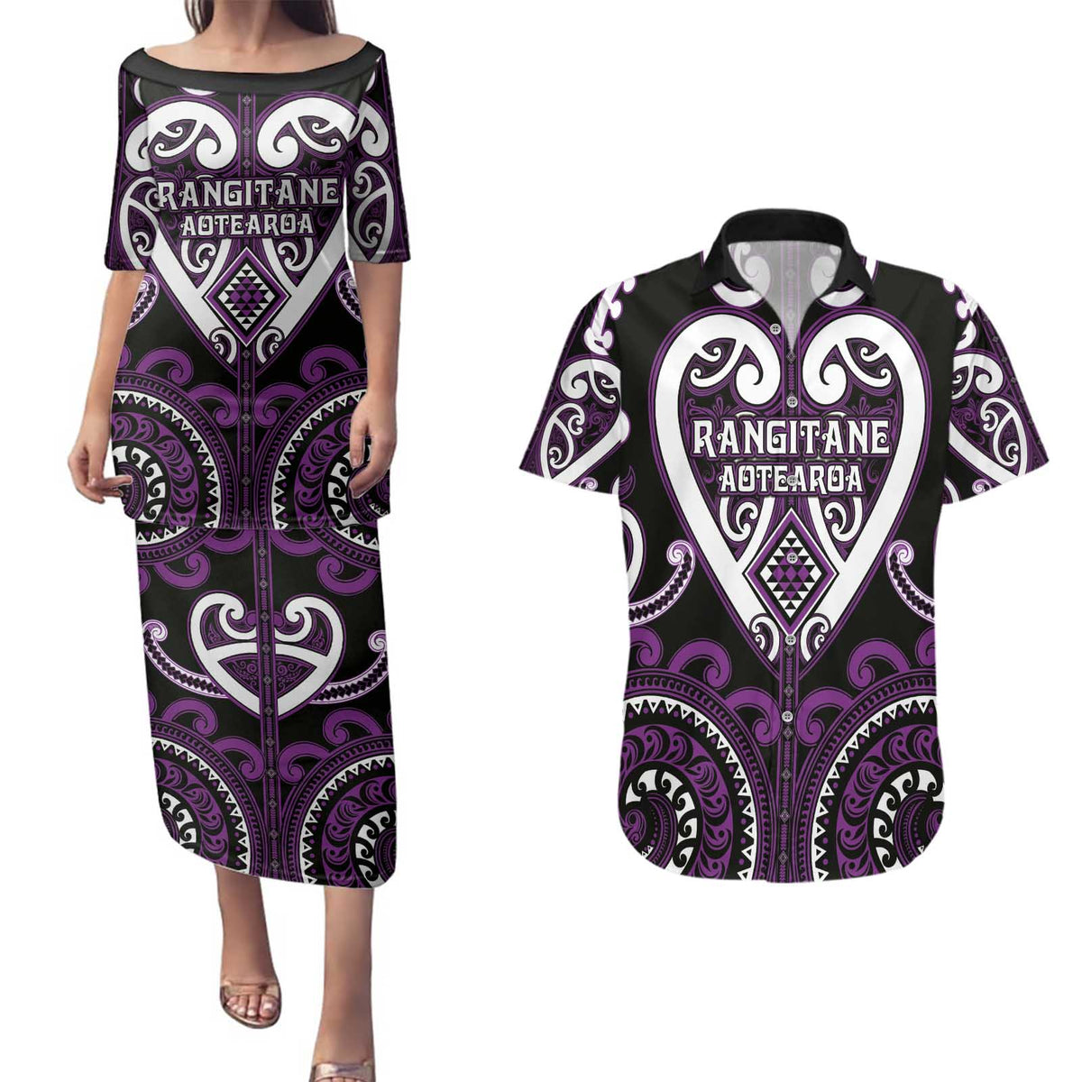 Custom Aotearoa Rangitane Couples Matching Puletasi and Hawaiian Shirt Maori Tribal Pattern LT05 Purple - Polynesian Pride