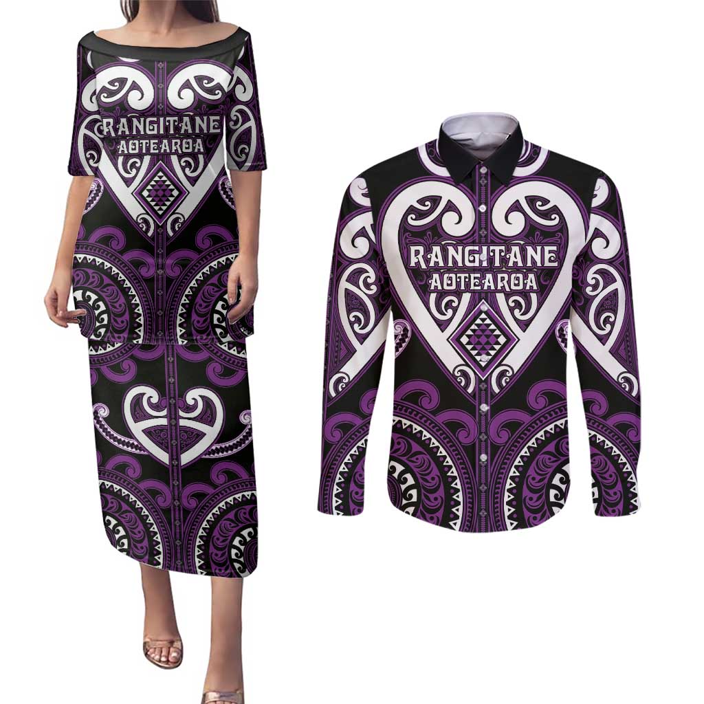 Custom Aotearoa Rangitane Couples Matching Puletasi and Long Sleeve Button Shirt Maori Tribal Pattern LT05 Purple - Polynesian Pride