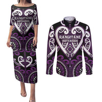 Custom Aotearoa Rangitane Couples Matching Puletasi and Long Sleeve Button Shirt Maori Tribal Pattern LT05 Purple - Polynesian Pride