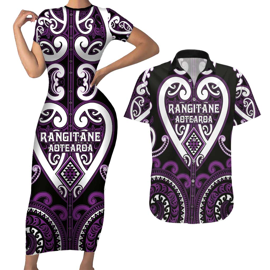 Custom Aotearoa Rangitane Couples Matching Short Sleeve Bodycon Dress and Hawaiian Shirt Maori Tribal Pattern LT05 Purple - Polynesian Pride