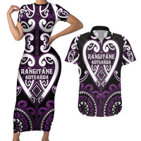 Custom Aotearoa Rangitane Couples Matching Short Sleeve Bodycon Dress and Hawaiian Shirt Maori Tribal Pattern LT05 Purple - Polynesian Pride