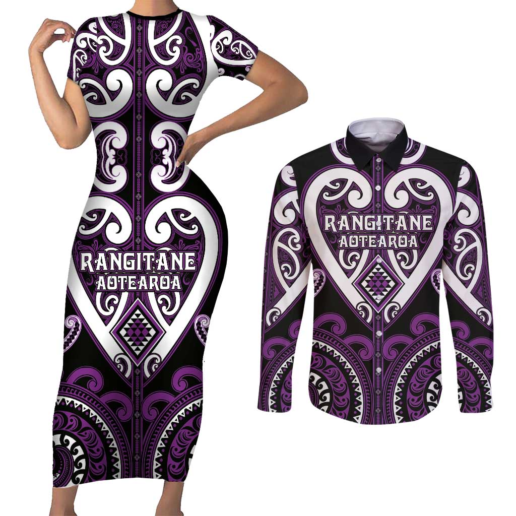 Custom Aotearoa Rangitane Couples Matching Short Sleeve Bodycon Dress and Long Sleeve Button Shirt Maori Tribal Pattern LT05 Purple - Polynesian Pride