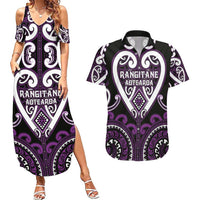 Custom Aotearoa Rangitane Couples Matching Summer Maxi Dress and Hawaiian Shirt Maori Tribal Pattern LT05 Purple - Polynesian Pride