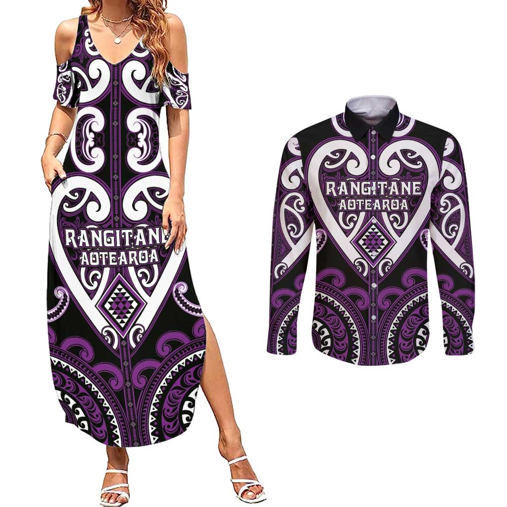 Custom Aotearoa Rangitane Couples Matching Summer Maxi Dress and Long Sleeve Button Shirt Maori Tribal Pattern LT05 Purple - Polynesian Pride