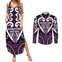 Custom Aotearoa Rangitane Couples Matching Summer Maxi Dress and Long Sleeve Button Shirt Maori Tribal Pattern LT05 Purple - Polynesian Pride