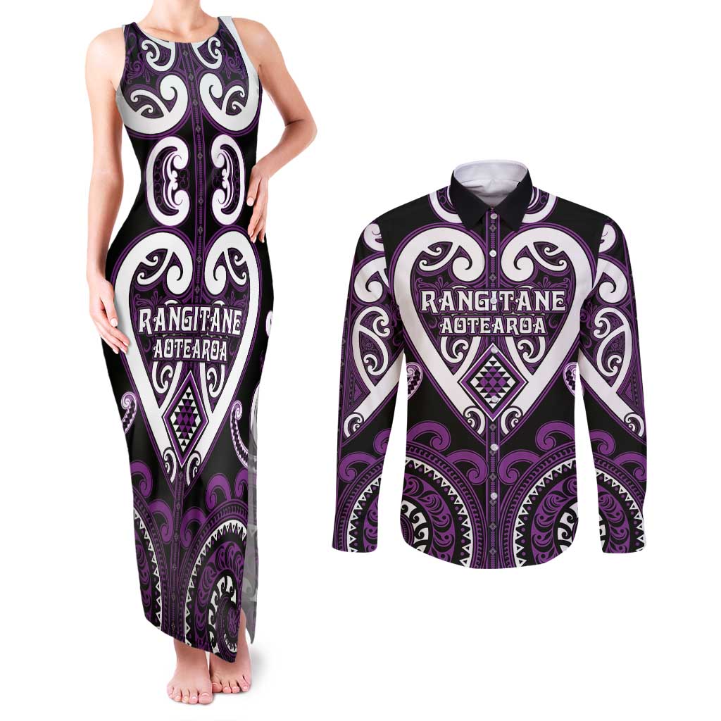 Custom Aotearoa Rangitane Couples Matching Tank Maxi Dress and Long Sleeve Button Shirt Maori Tribal Pattern LT05 Purple - Polynesian Pride