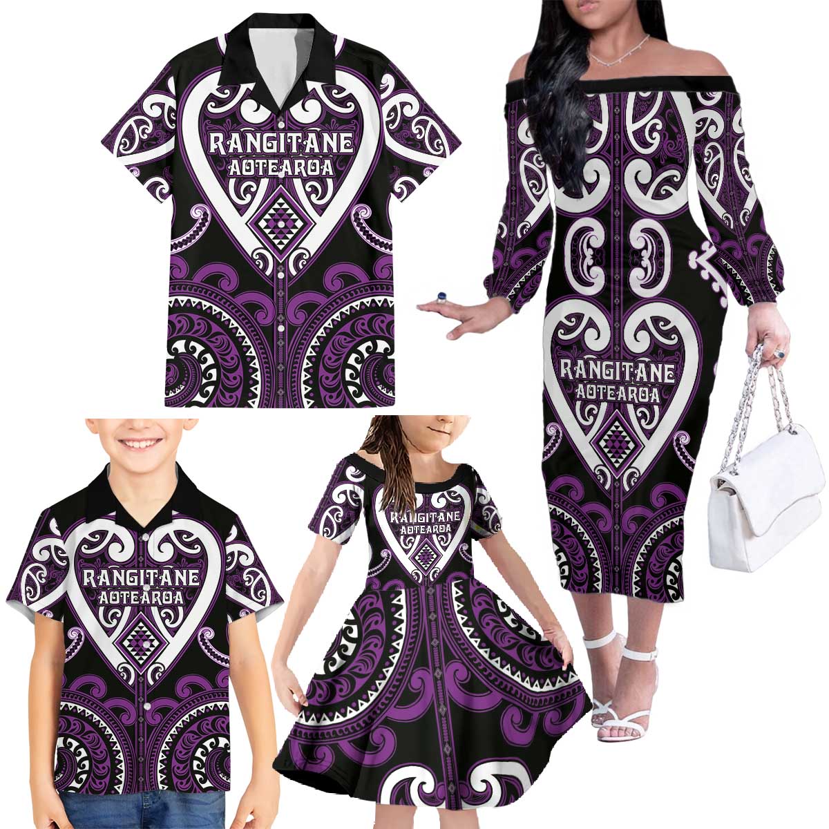 Custom Aotearoa Rangitane Family Matching Off The Shoulder Long Sleeve Dress and Hawaiian Shirt Maori Tribal Pattern LT05 - Polynesian Pride
