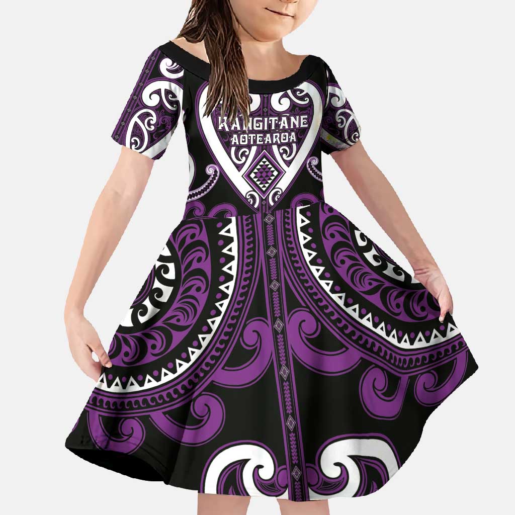 Custom Aotearoa Rangitane Family Matching Off Shoulder Maxi Dress and Hawaiian Shirt Maori Tribal Pattern LT05 Daughter's Dress Purple - Polynesian Pride