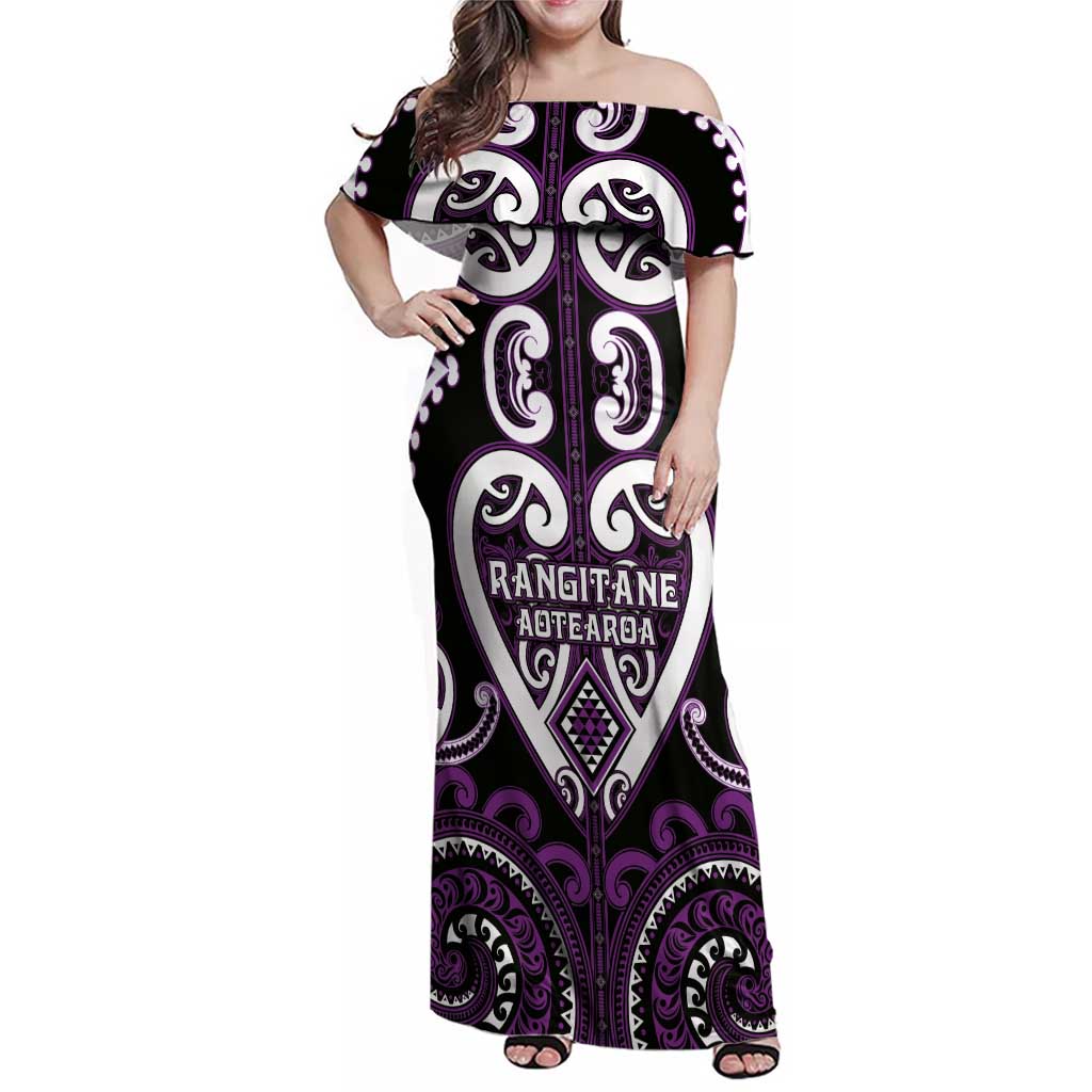 Custom Aotearoa Rangitane Family Matching Off Shoulder Maxi Dress and Hawaiian Shirt Maori Tribal Pattern LT05 Mom's Dress Purple - Polynesian Pride