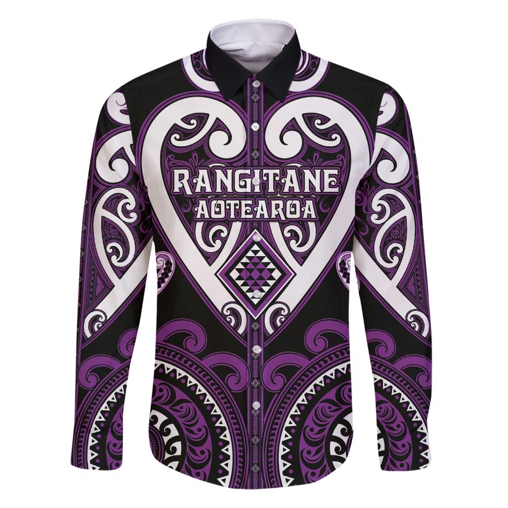Custom Aotearoa Rangitane Family Matching Summer Maxi Dress and Hawaiian Shirt Maori Tribal Pattern LT05 Dad's Shirt - Long Sleeve Purple - Polynesian Pride