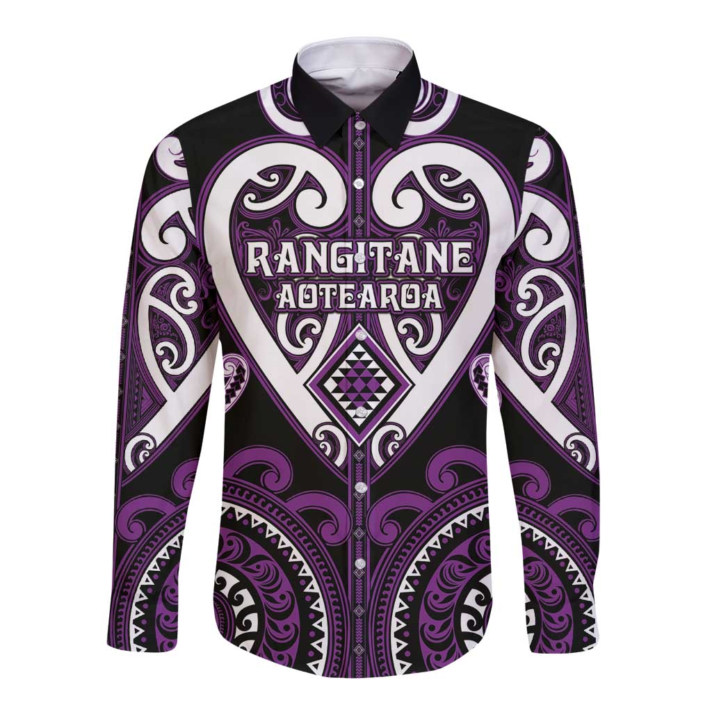 Custom Aotearoa Rangitane Long Sleeve Button Shirt Maori Tribal Pattern LT05 Unisex Purple - Polynesian Pride