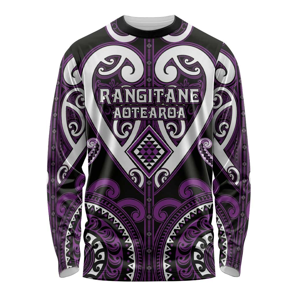 Custom Aotearoa Rangitane Long Sleeve Shirt Maori Tribal Pattern LT05 Unisex Purple - Polynesian Pride