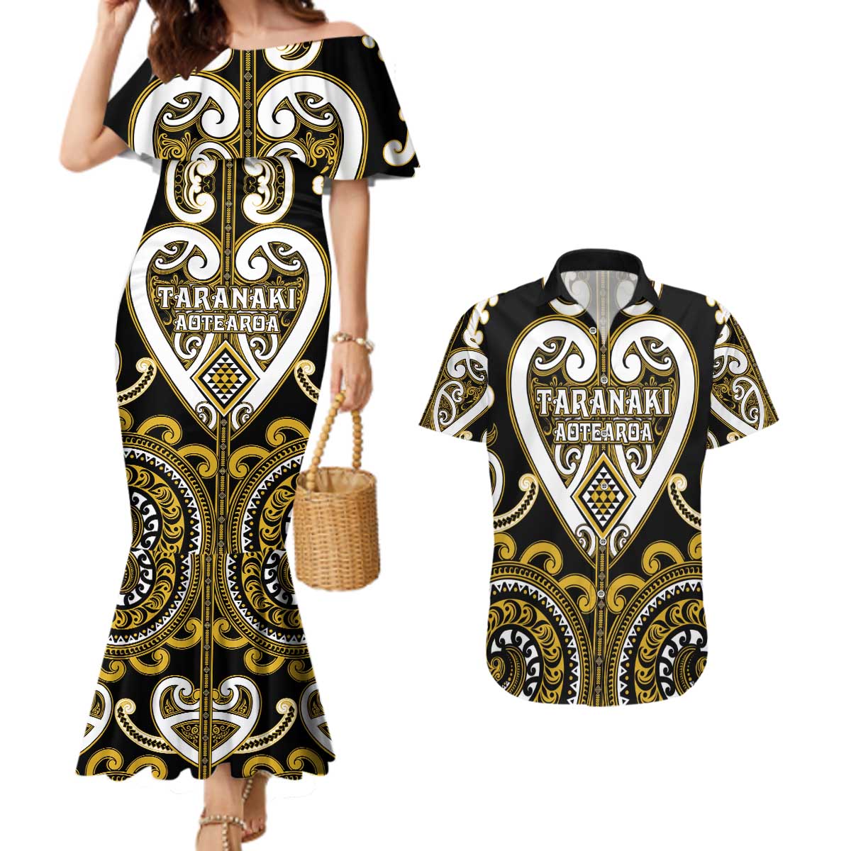 Custom Aotearoa Taranaki Couples Matching Mermaid Dress and Hawaiian Shirt Maori Tribal Pattern LT05 Yellow - Polynesian Pride